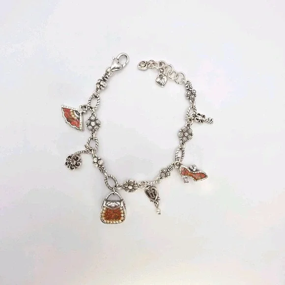 BRIGHTON Victoriana Charm Bracelet Floral Heels Purse Fan Resin Sliver Plate 8" - Picture 1 of 7